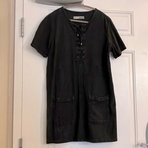 Topshop MOTO Black Denim lace-up shift dress with pockets